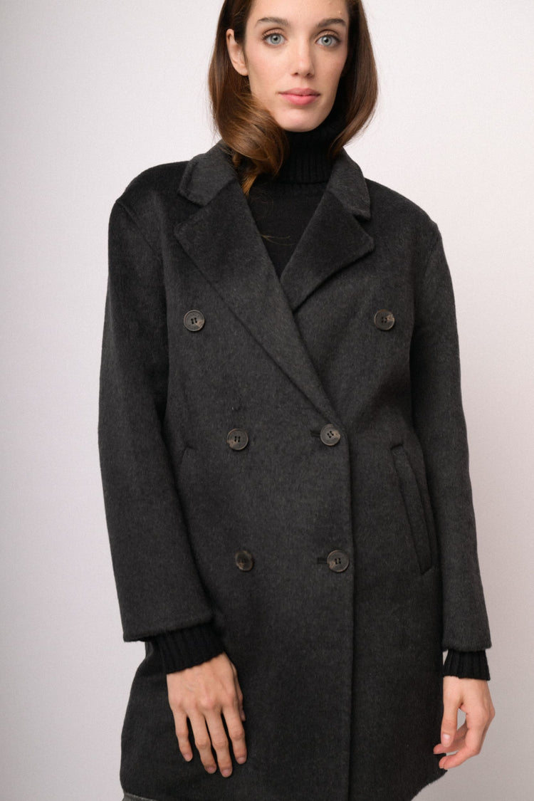 Black double-breasted wool-blend coat