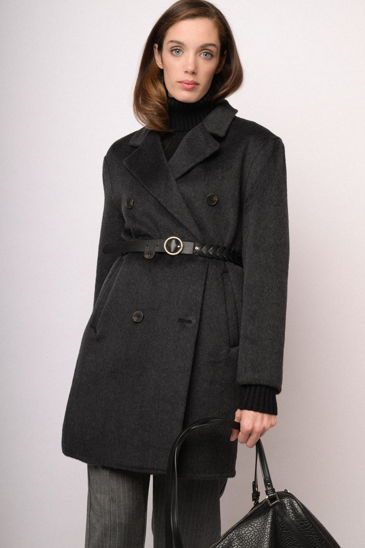 Black double-breasted wool-blend coat