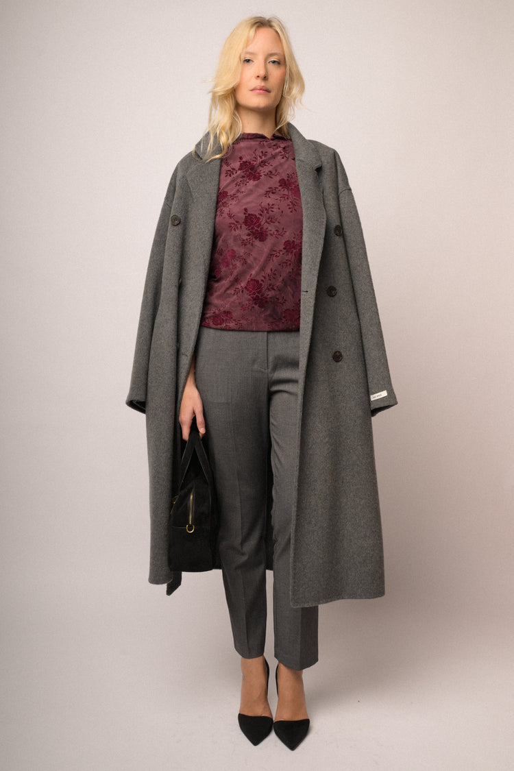 Grey wool-blend double-breasted coat with back belt