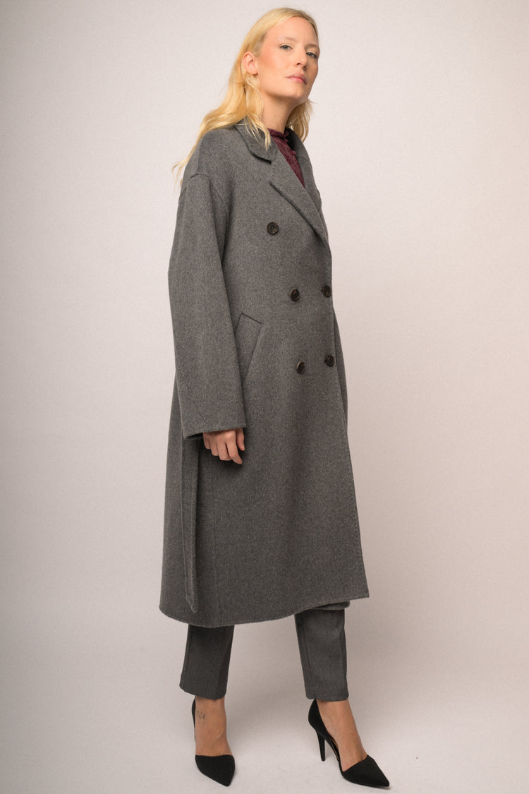 Grey wool-blend double-breasted coat with back belt