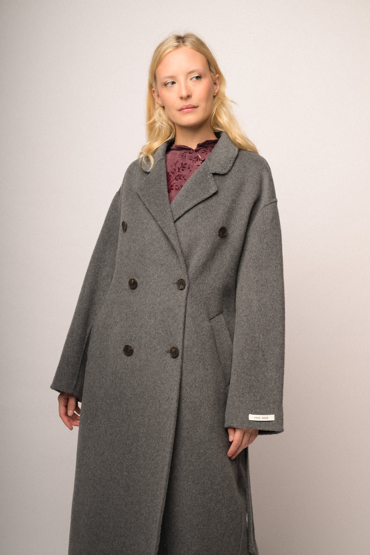 Grey wool-blend double-breasted coat with back belt