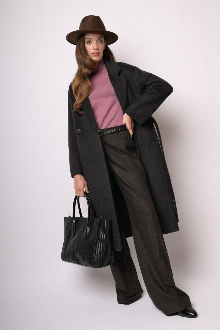 Black long double-breasted belted coat