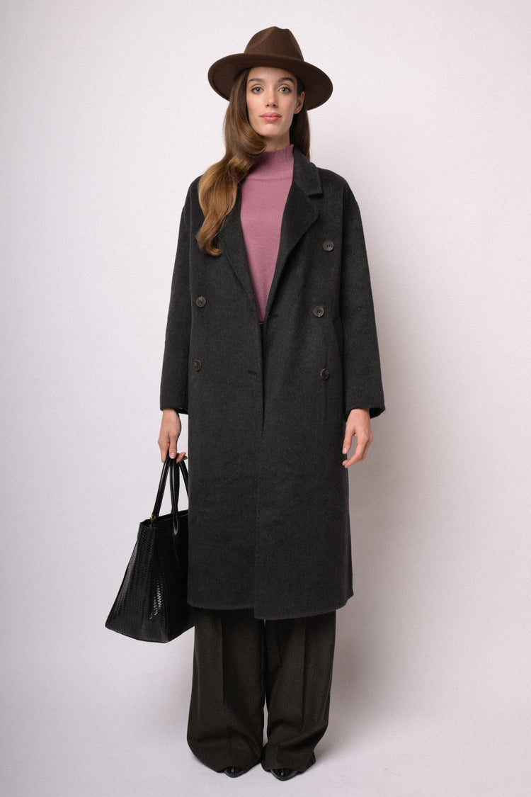Black long double-breasted belted coat