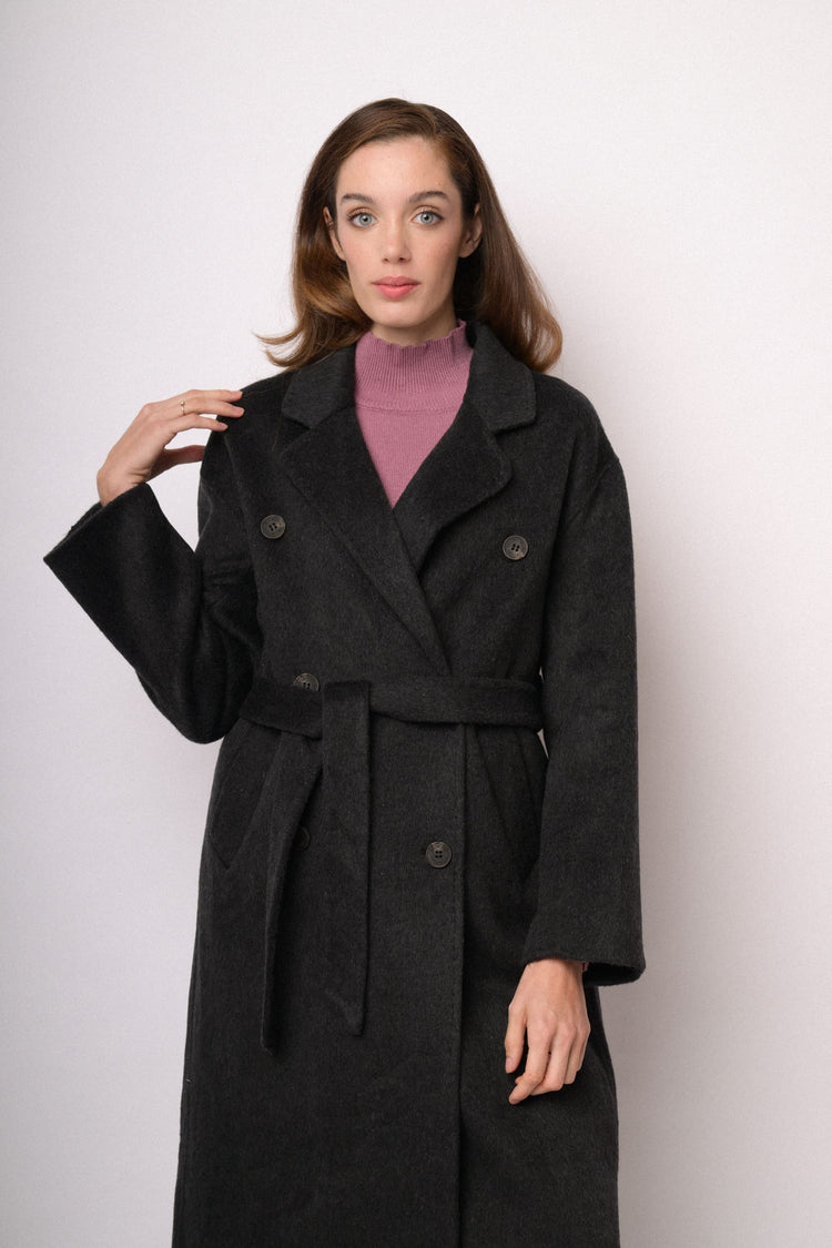 Black long double-breasted belted coat