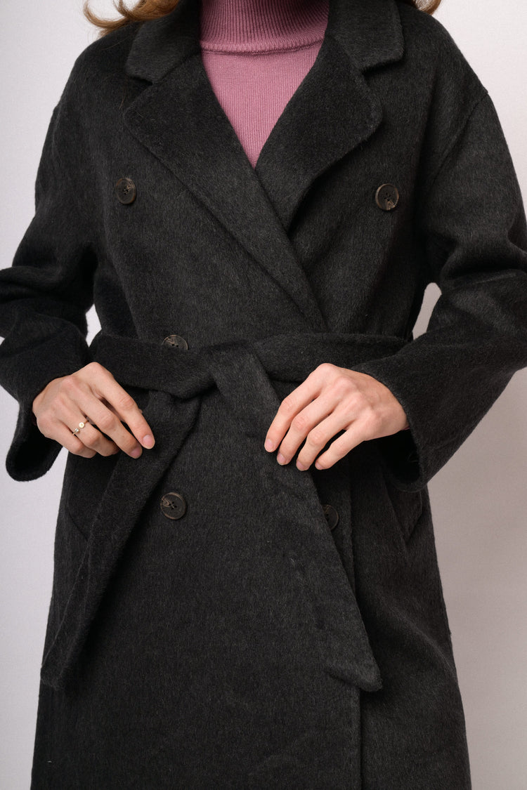Black long double-breasted belted coat