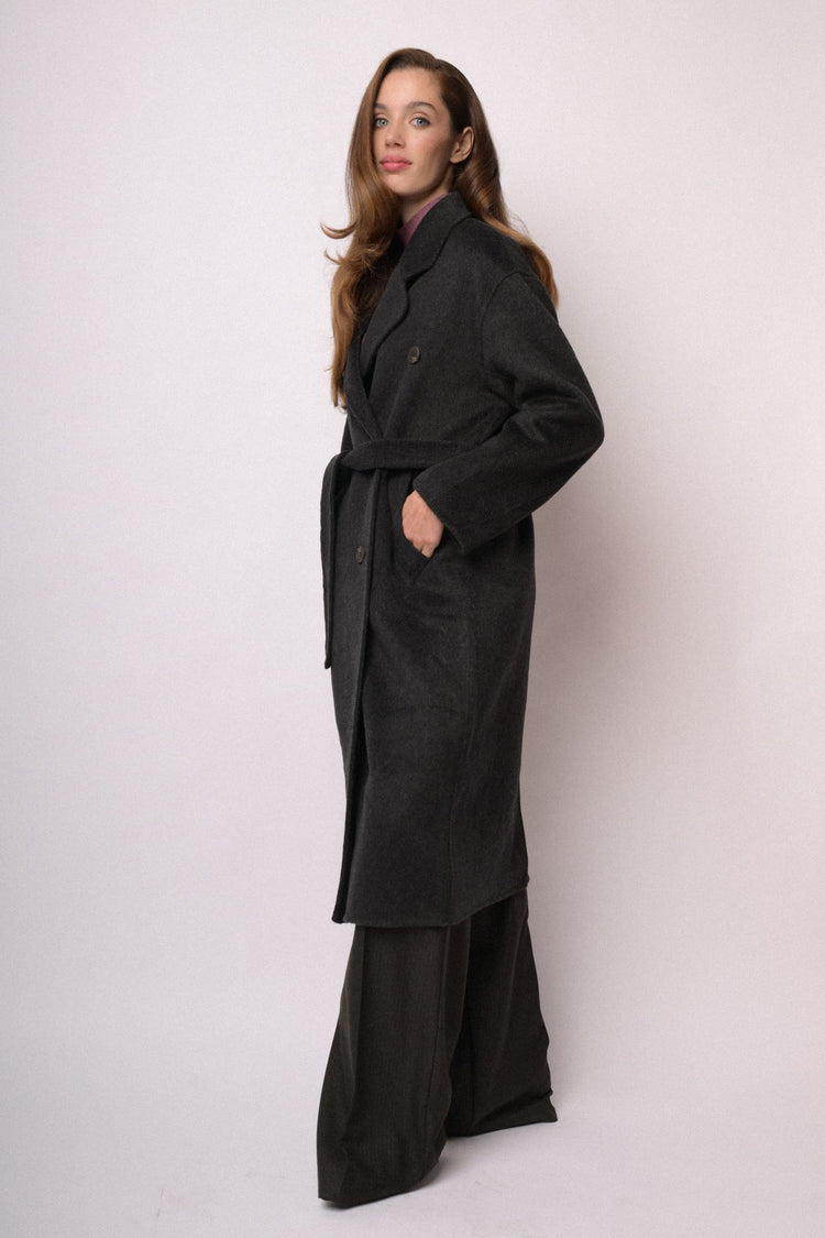 Black long double-breasted belted coat