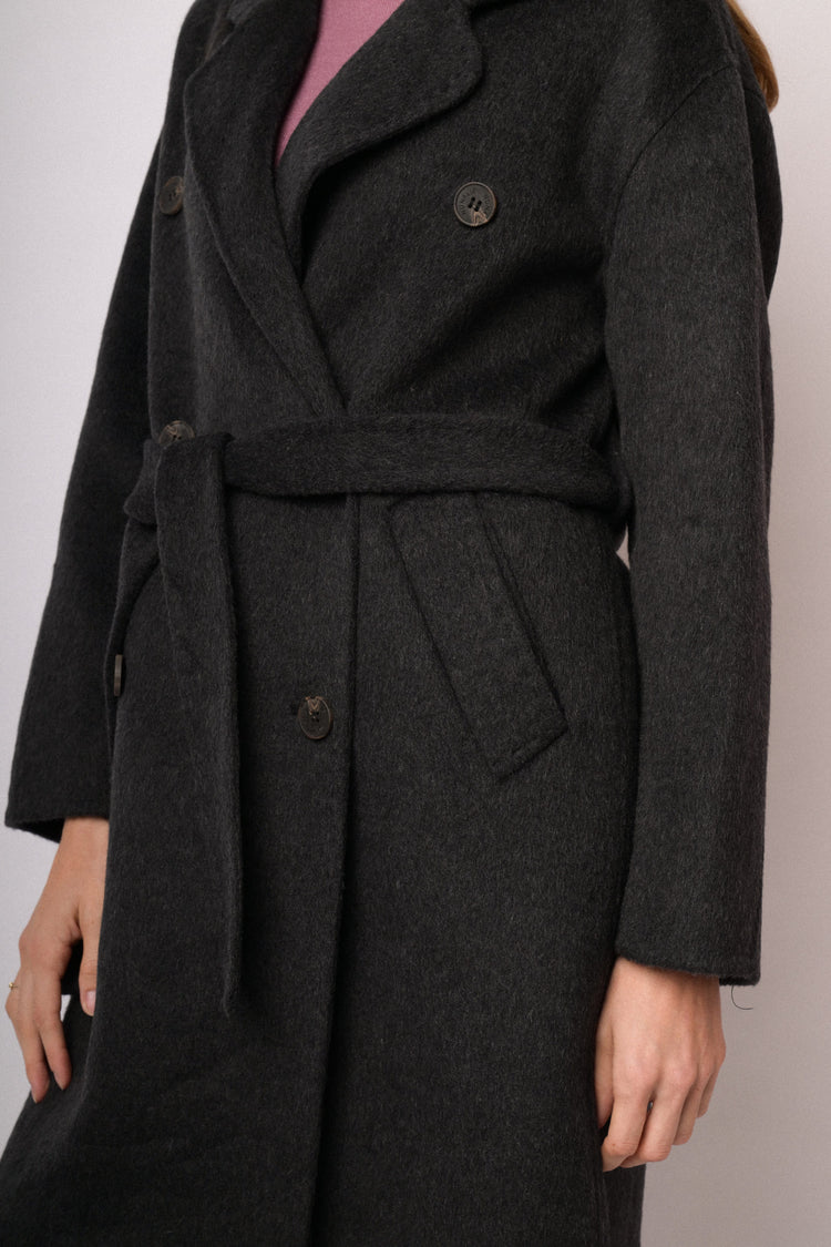 Black long double-breasted belted coat
