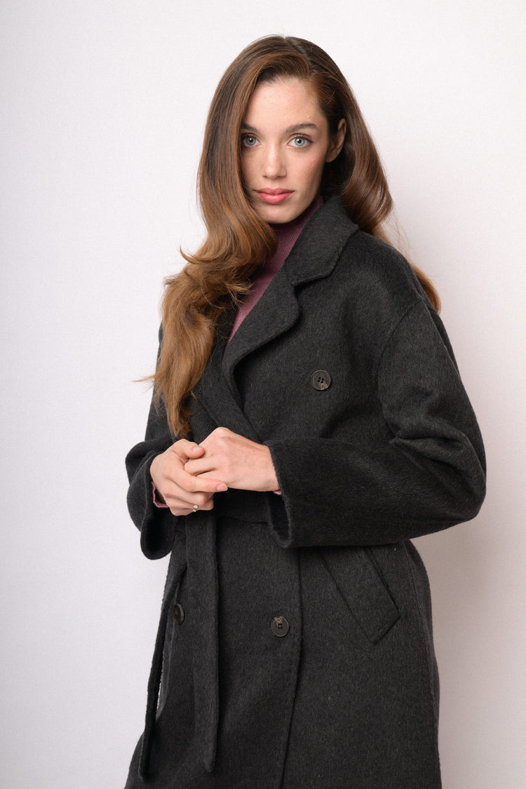 Black long double-breasted belted coat