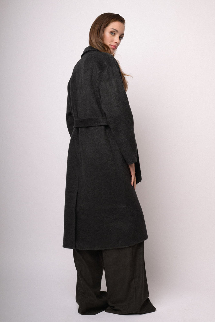 Black long double-breasted belted coat