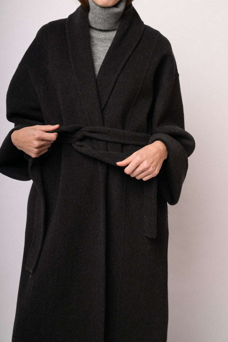 Black long wool-blend wrap coat
