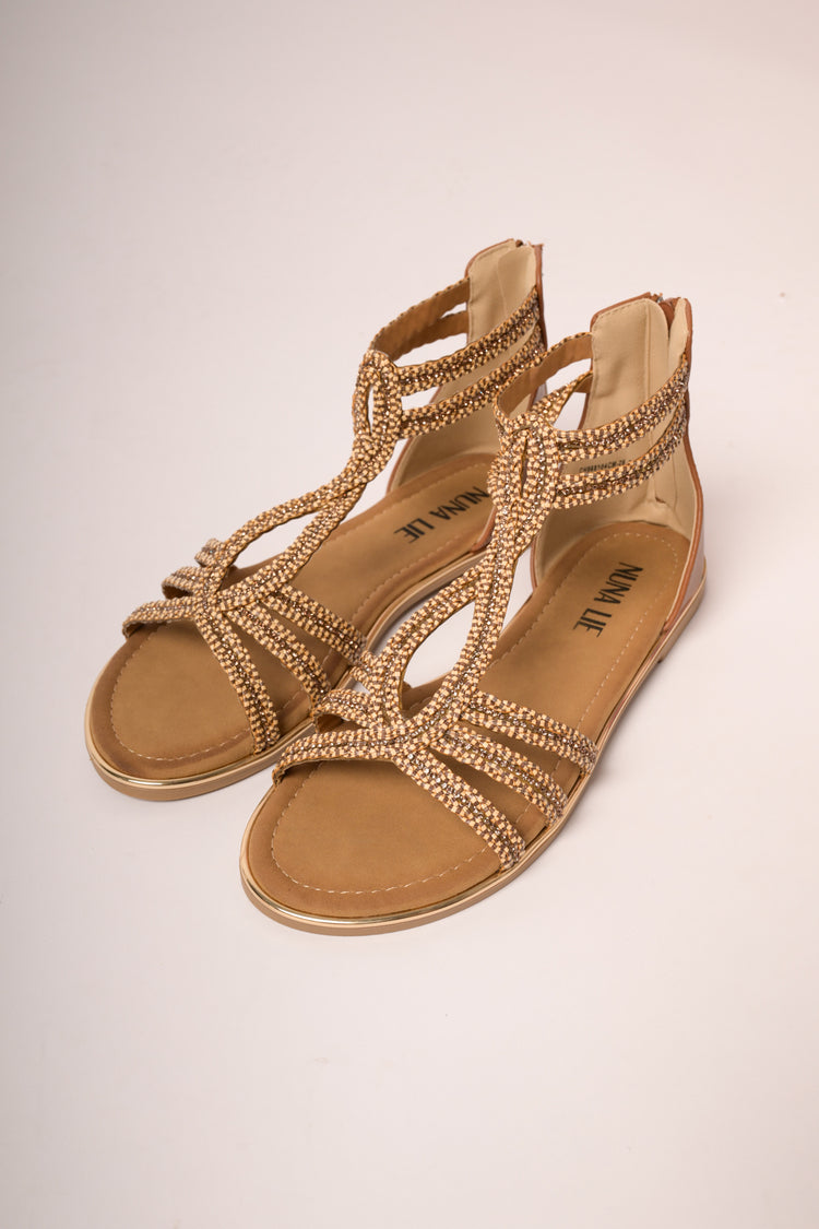 Beige rhinestone-embellished flat sandals