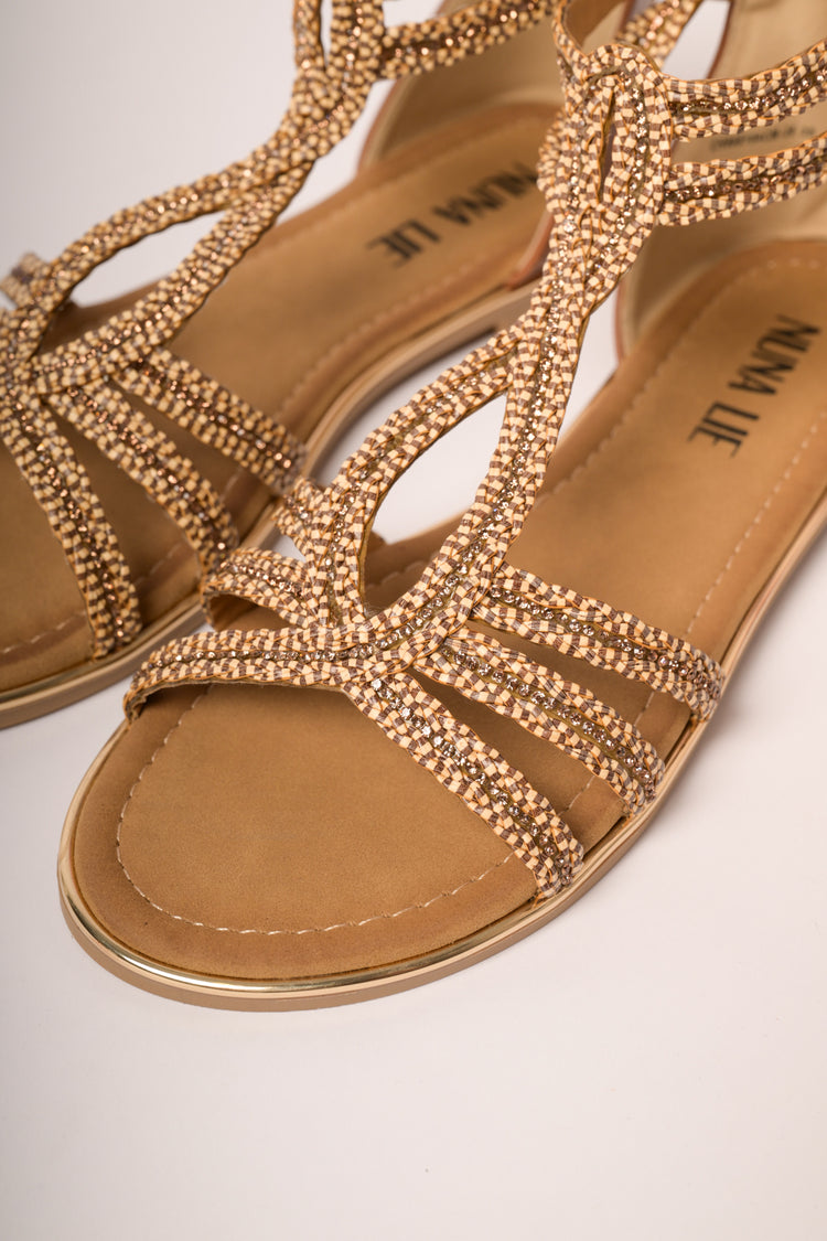 Beige rhinestone-embellished flat sandals