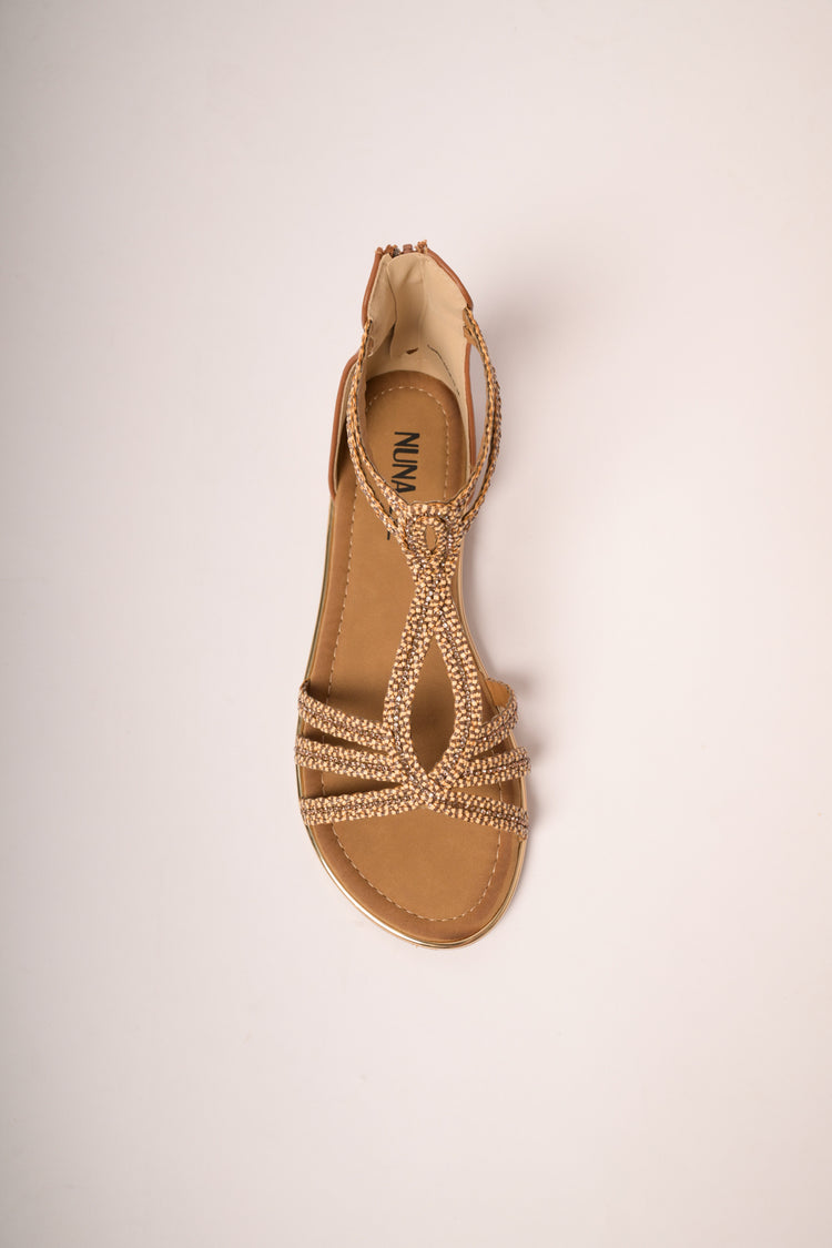 Beige rhinestone-embellished flat sandals