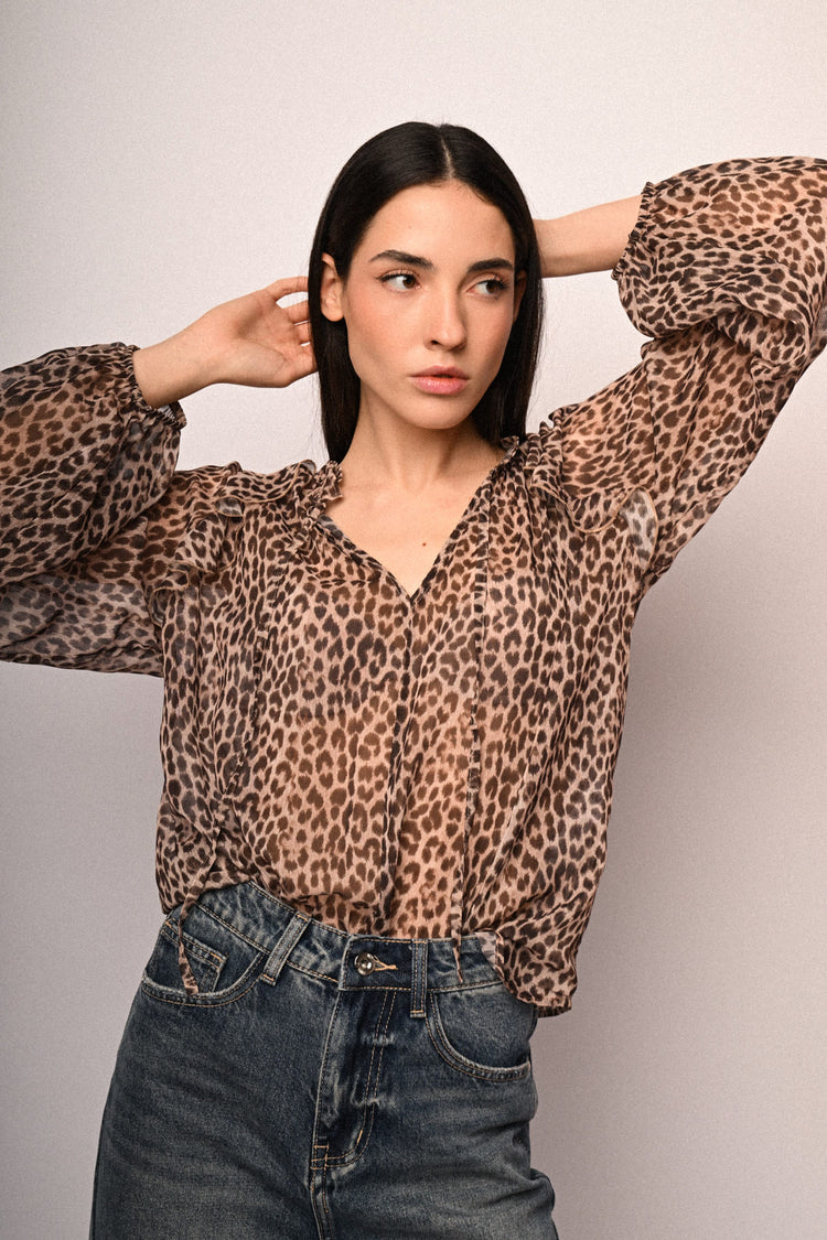 Animalier print self-tie strap blouse