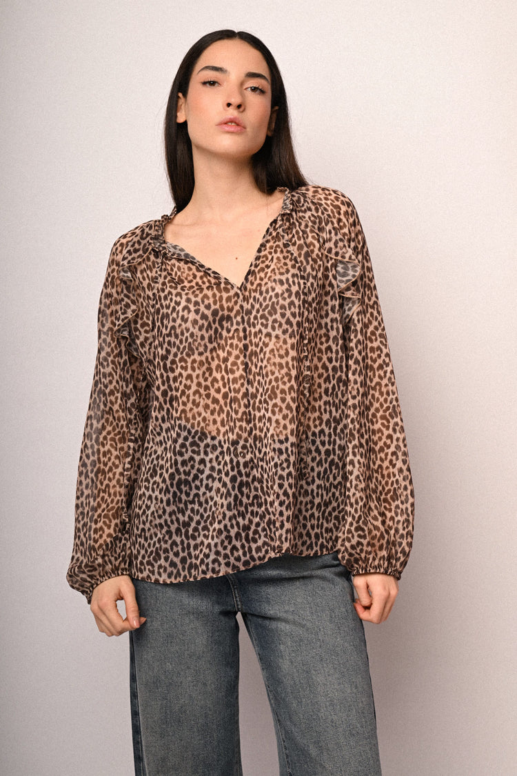 Animalier print self-tie strap blouse