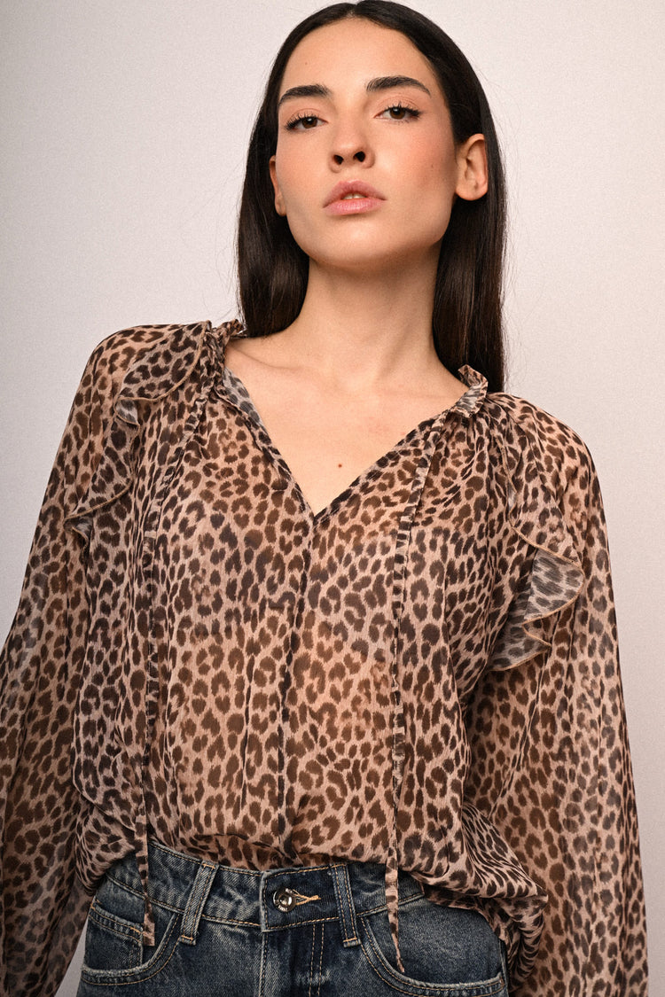 Animalier print self-tie strap blouse