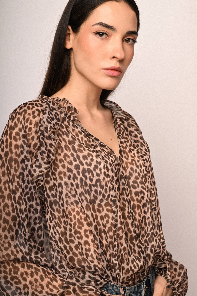 Animalier print self-tie strap blouse