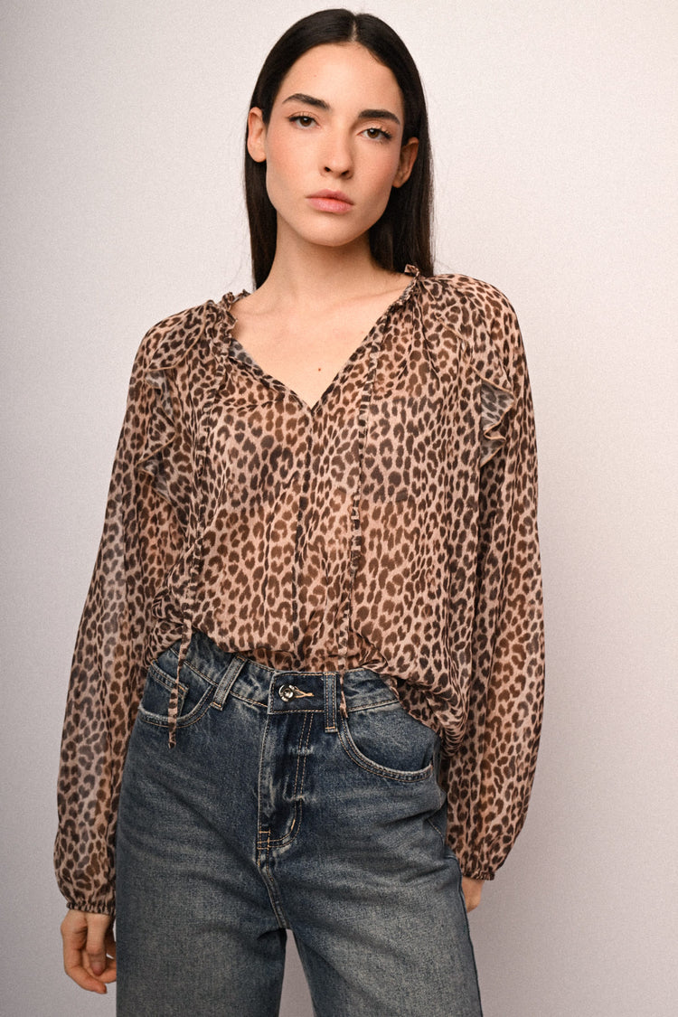Animalier print self-tie strap blouse