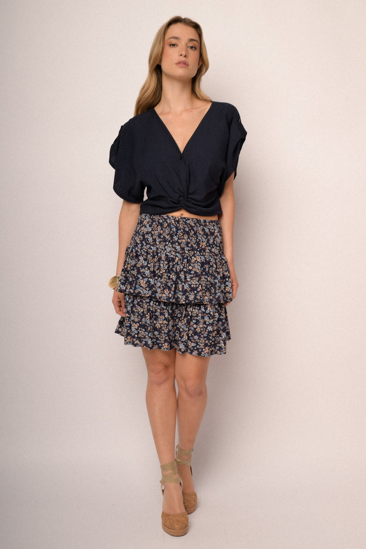 Blue micro-floral print viscose tiered miniskirt