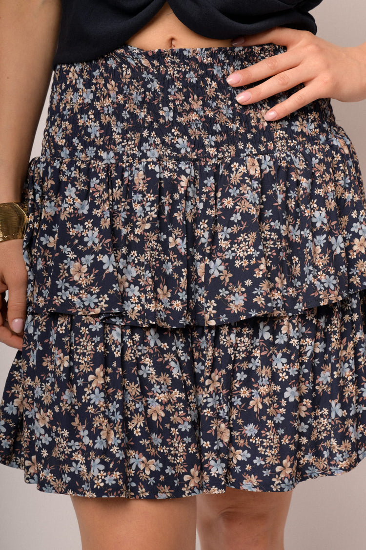 Blue micro-floral print viscose tiered miniskirt