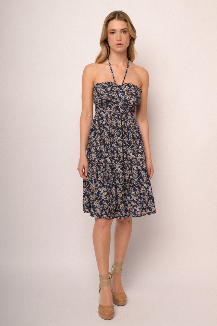 Blue micro-floral print viscose mini dress