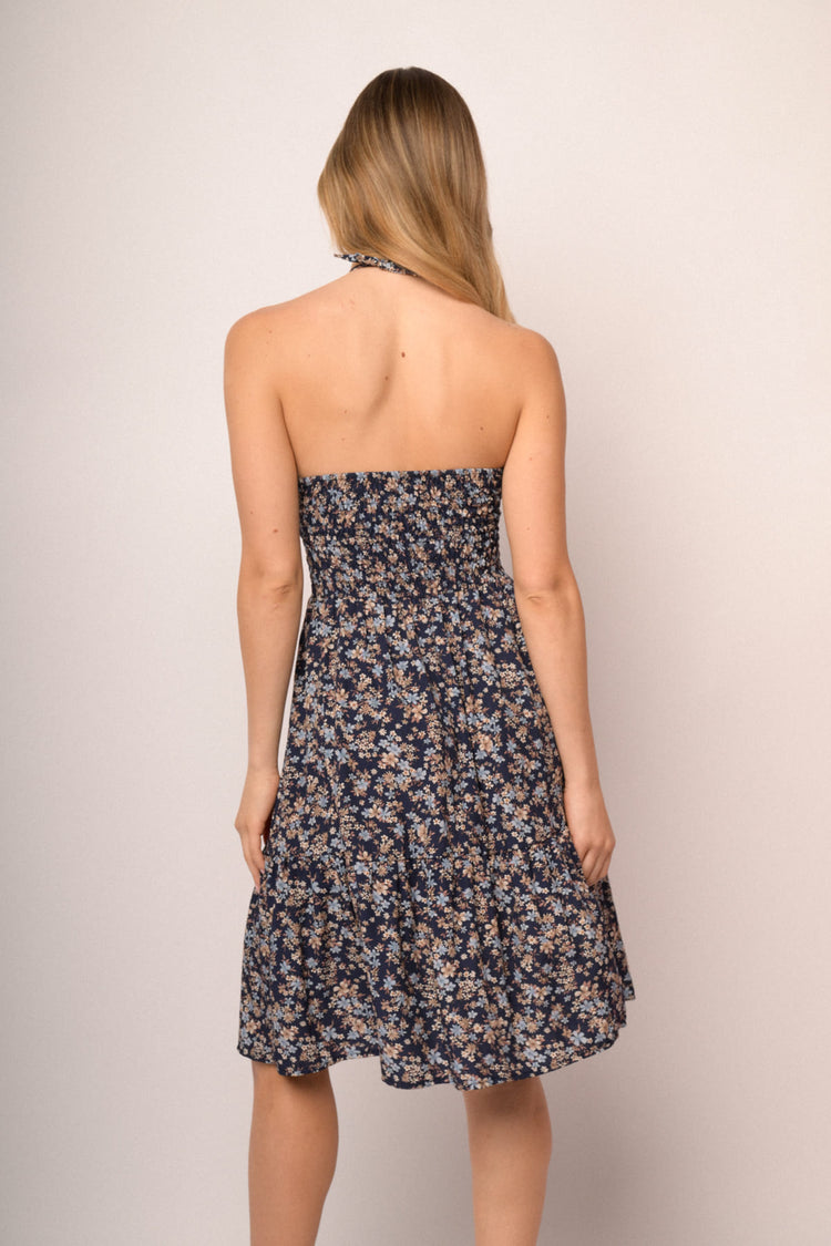 Blue micro-floral print viscose mini dress