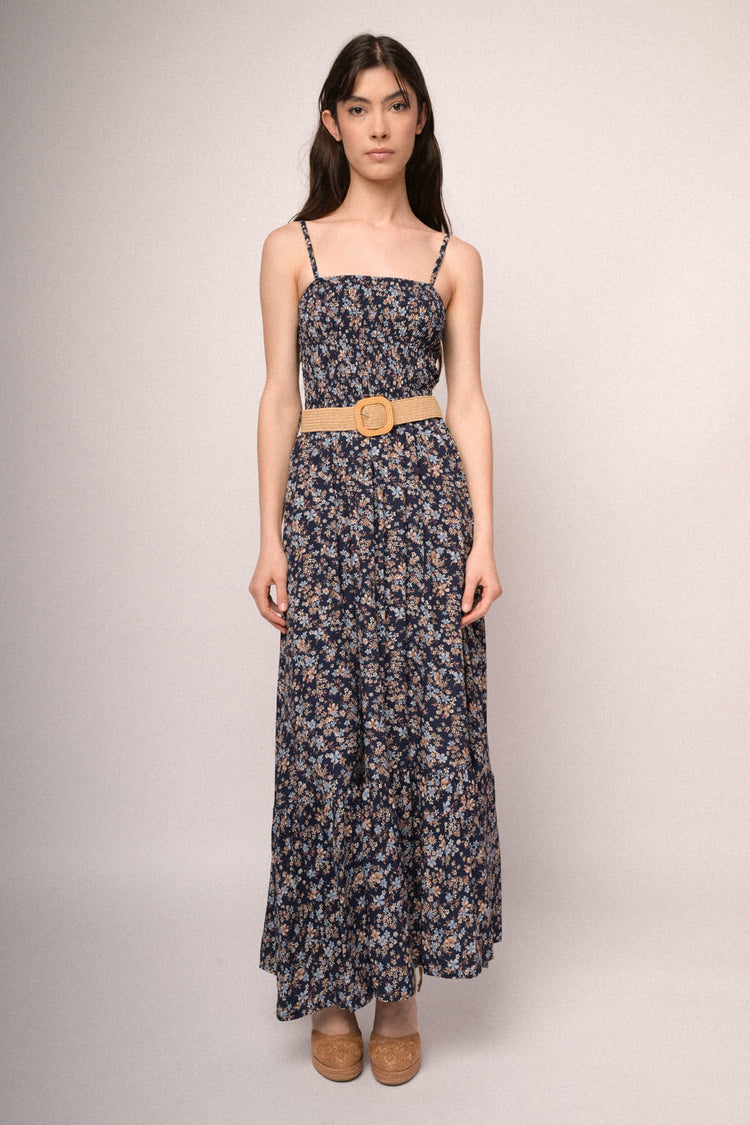 Belted blue micro floral print smocked maxi dress