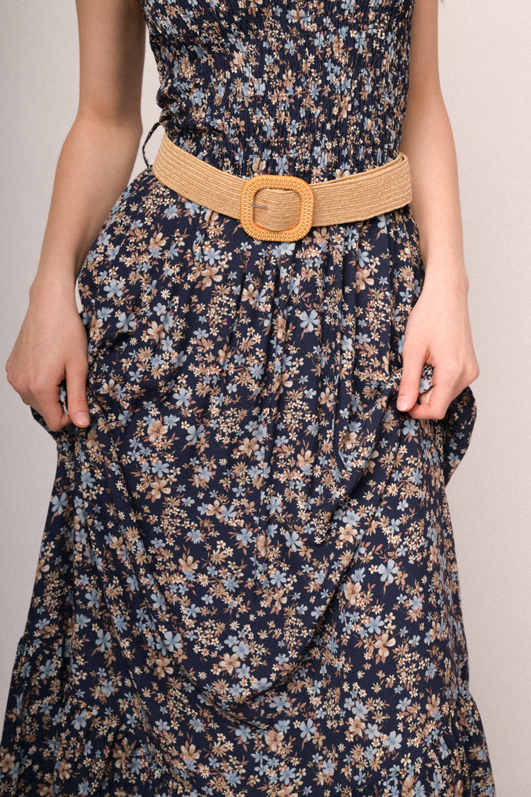 Belted blue micro floral print smocked maxi dress