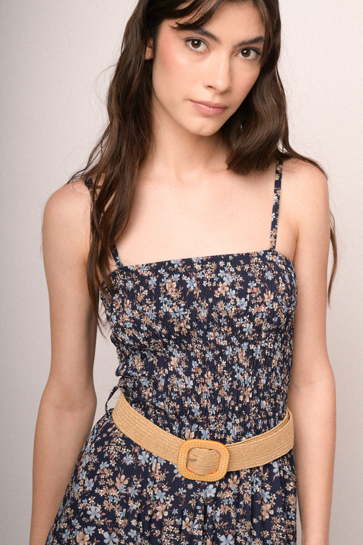 Belted blue micro floral print smocked maxi dress