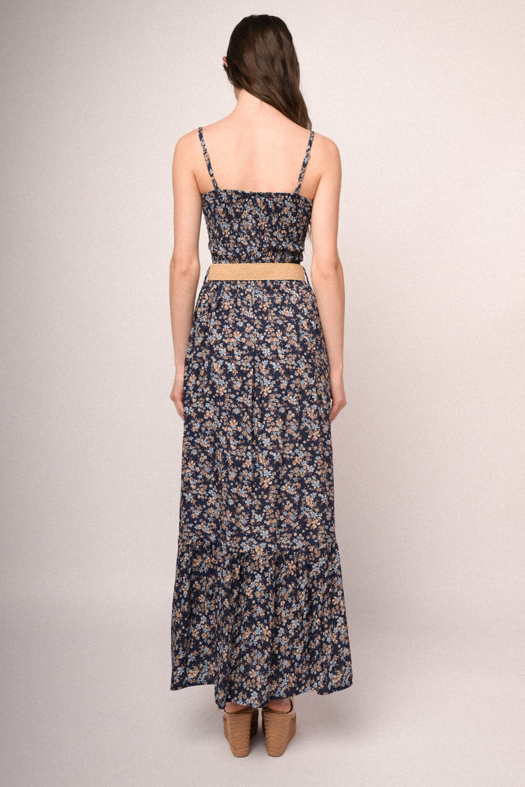 Belted blue micro floral print smocked maxi dress