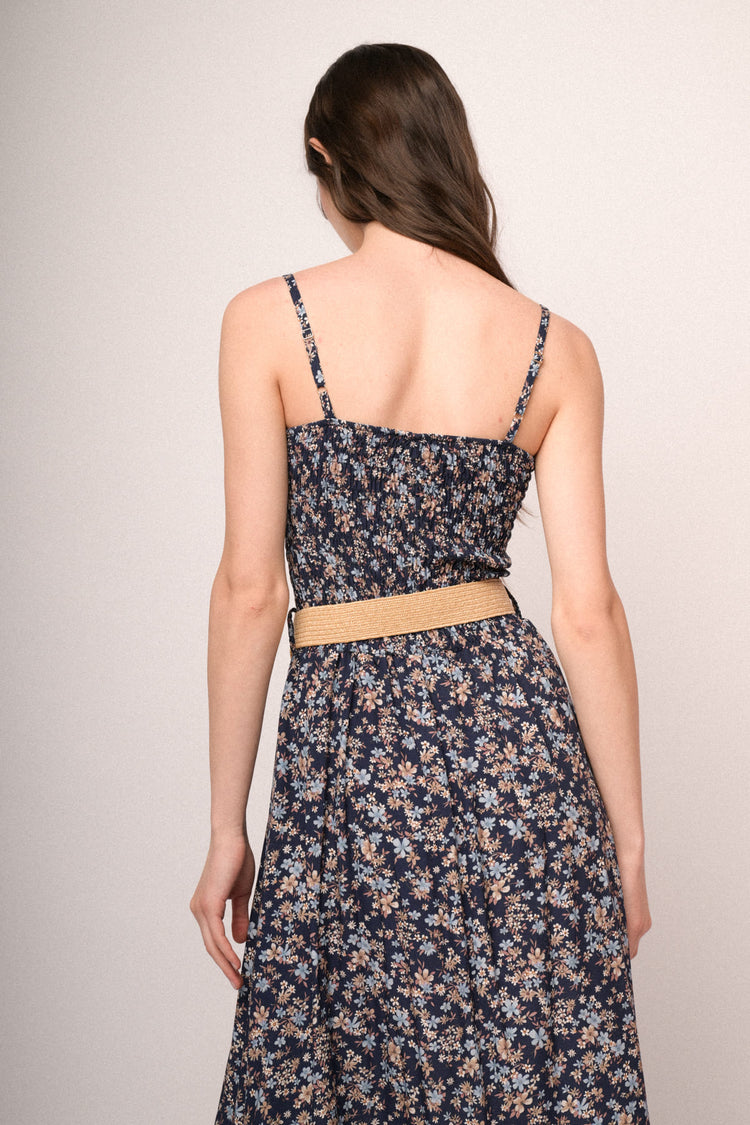 Belted blue micro floral print smocked maxi dress