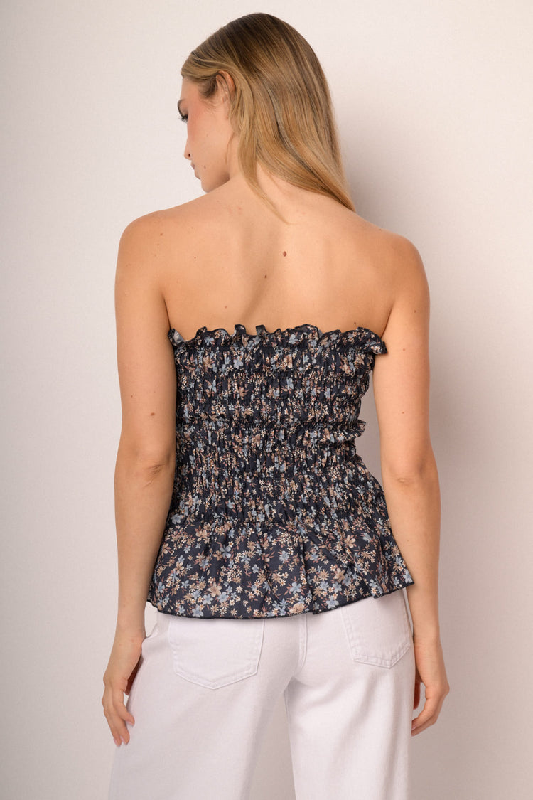 Blue micro-floral print smocked sleeveless top