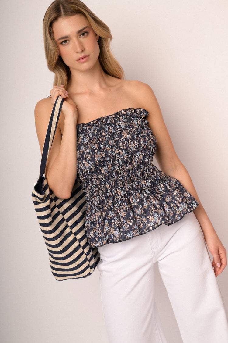 Blue micro-floral print smocked sleeveless top