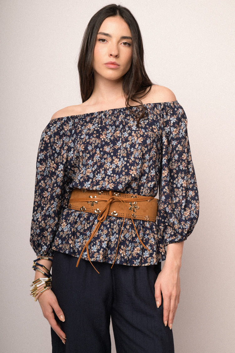 Blue floral print viscose off-the shoulder blouse