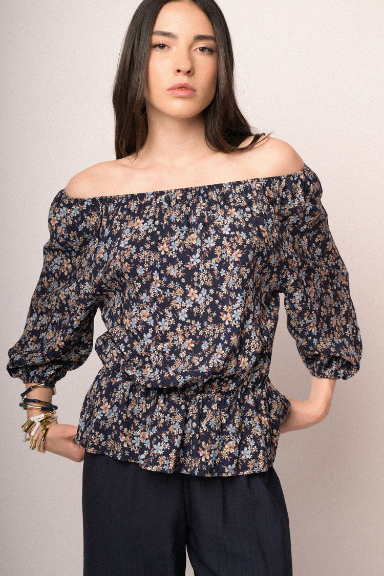 Blue floral print viscose off-the shoulder blouse