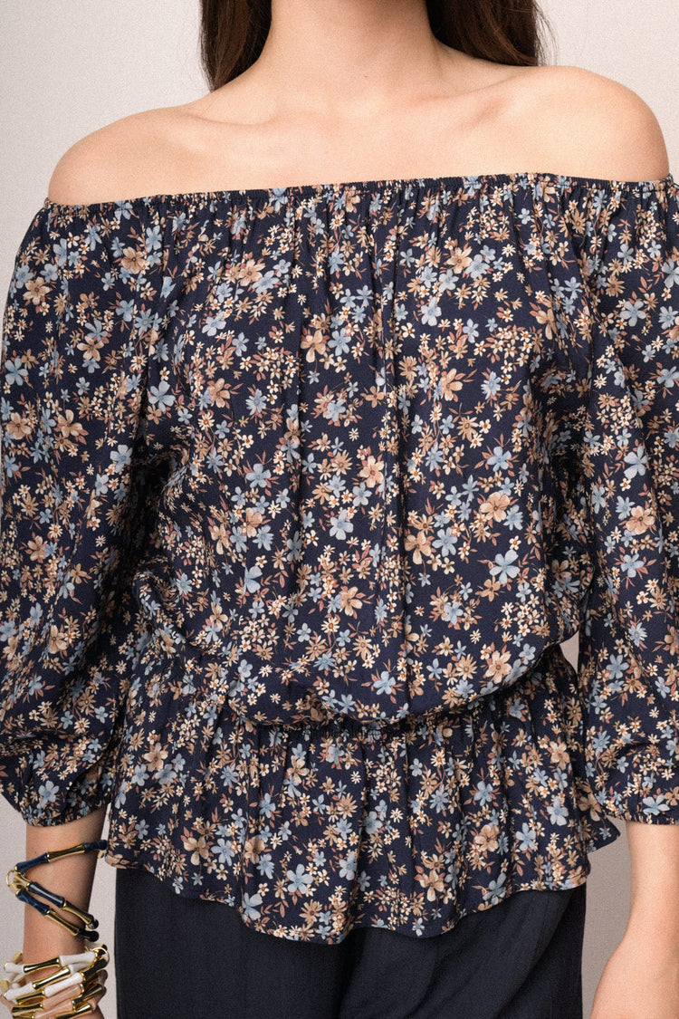 Blue floral print viscose off-the shoulder blouse