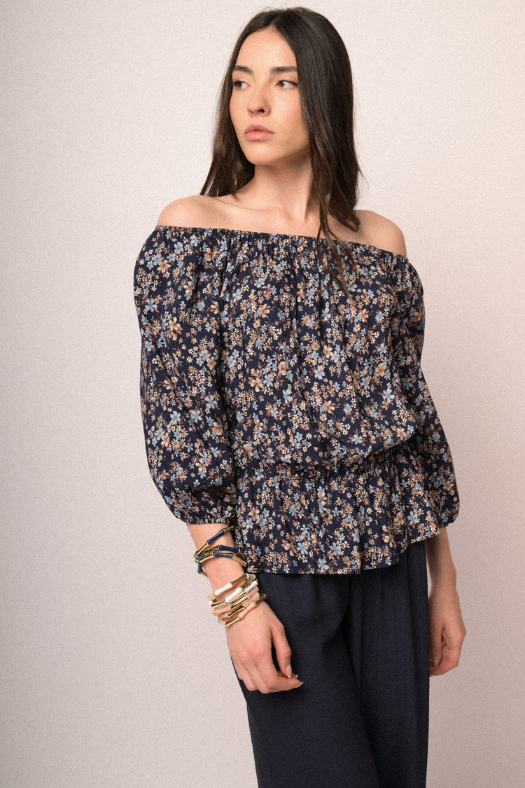 Blue floral print viscose off-the shoulder blouse