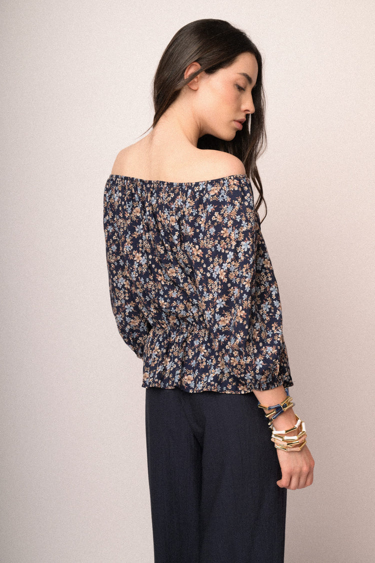 Blue floral print viscose off-the shoulder blouse