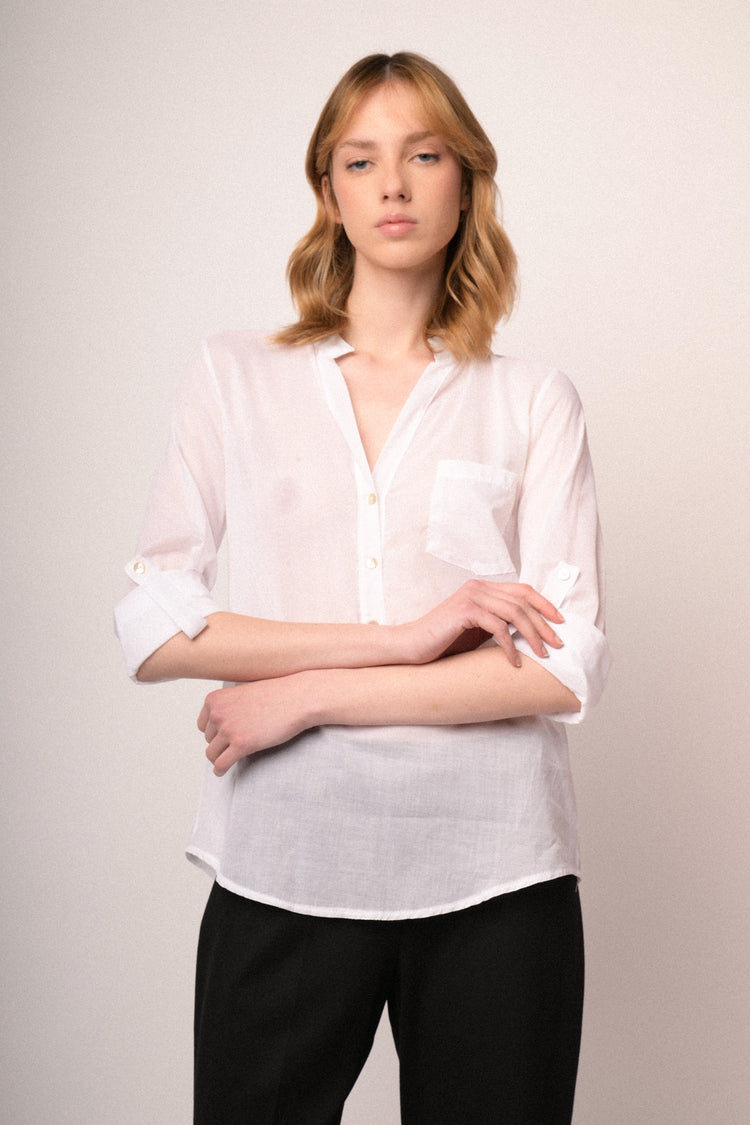 White chest-pocket cotton blouse
