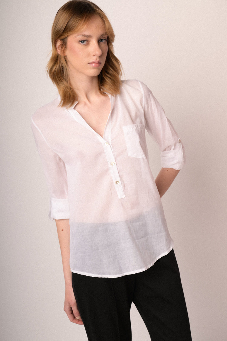 White chest-pocket cotton blouse