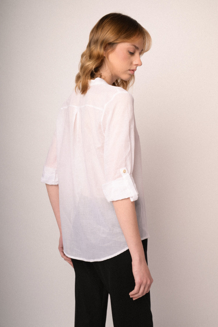 White chest-pocket cotton blouse