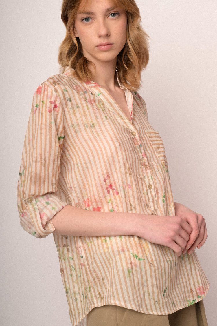 Beige floral & striped cotton shirt