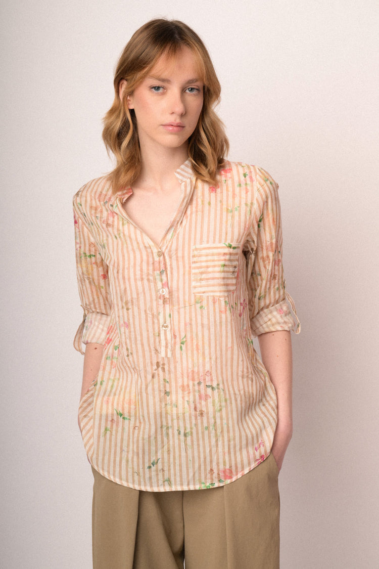 Beige floral & striped cotton shirt
