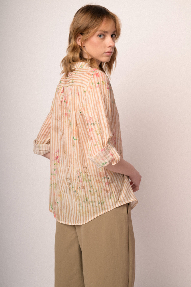 Beige floral & striped cotton shirt