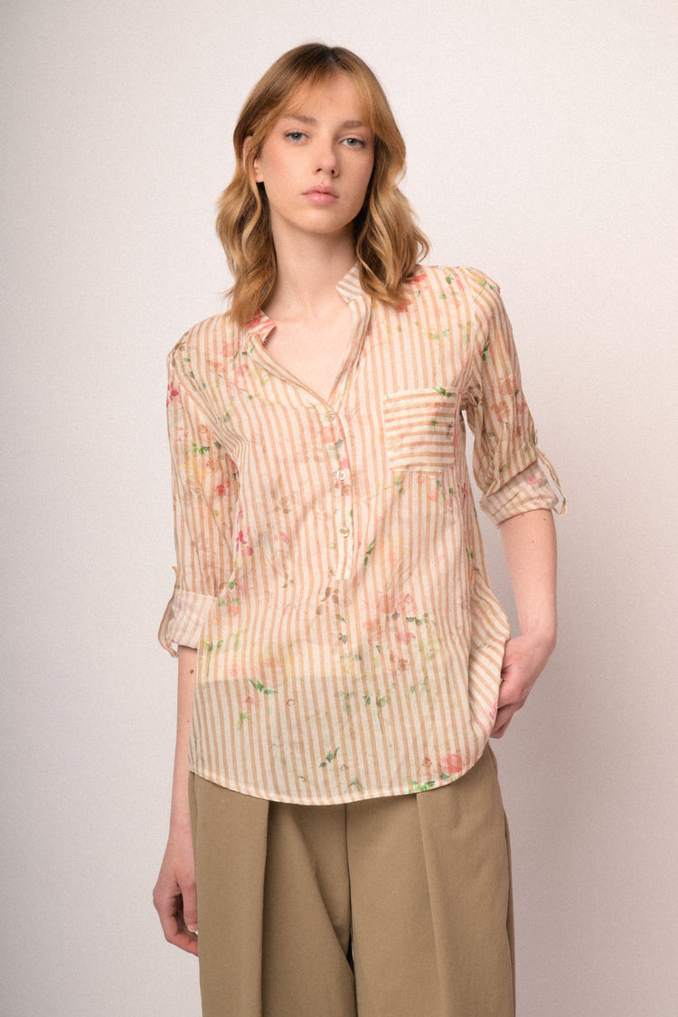 Beige floral & striped cotton shirt