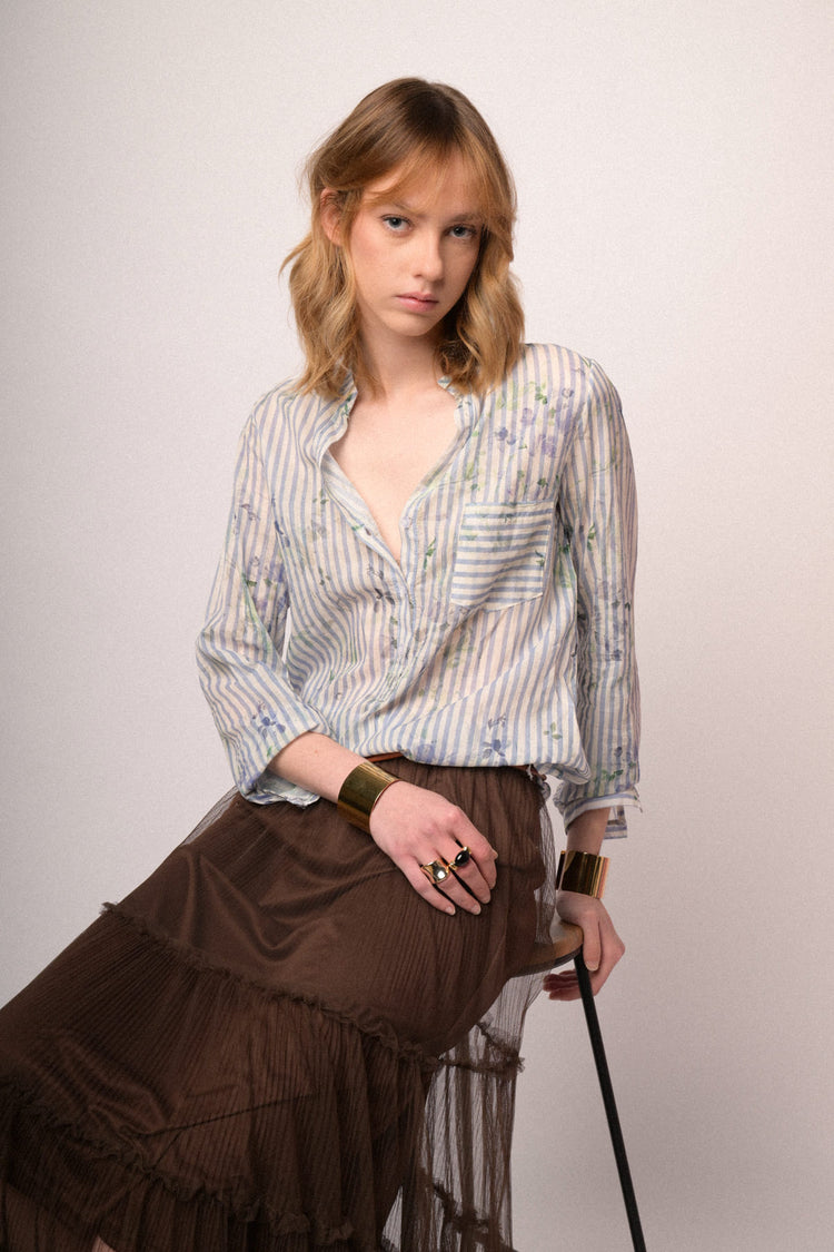 Sky blue floral & striped cotton shirt