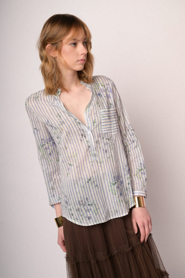Sky blue floral & striped cotton shirt