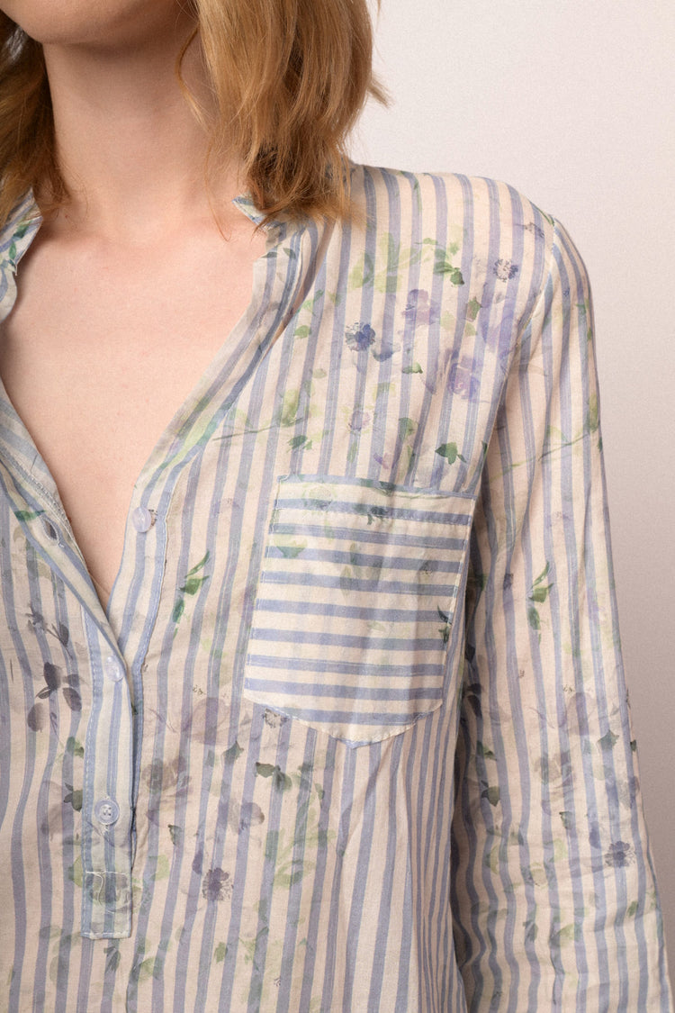Sky blue floral & striped cotton shirt