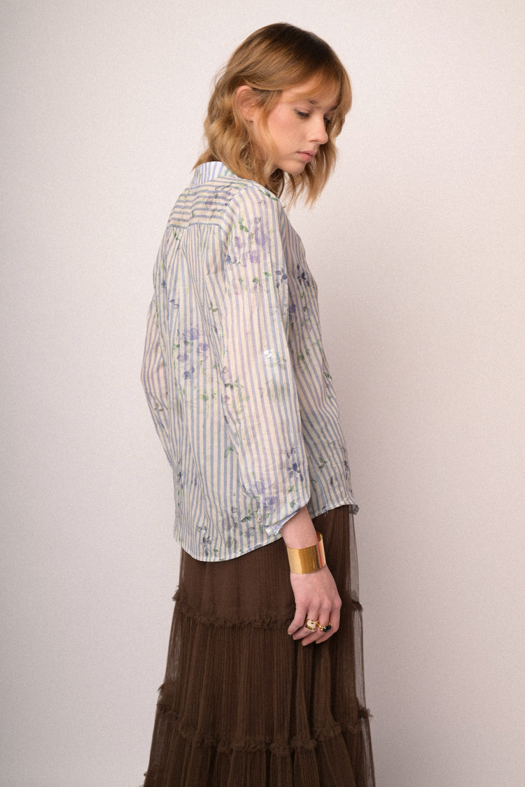 Sky blue floral & striped cotton shirt