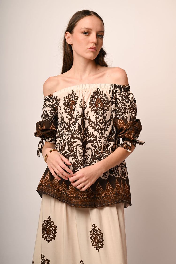 Ethnic print off-the-shoulder blouse